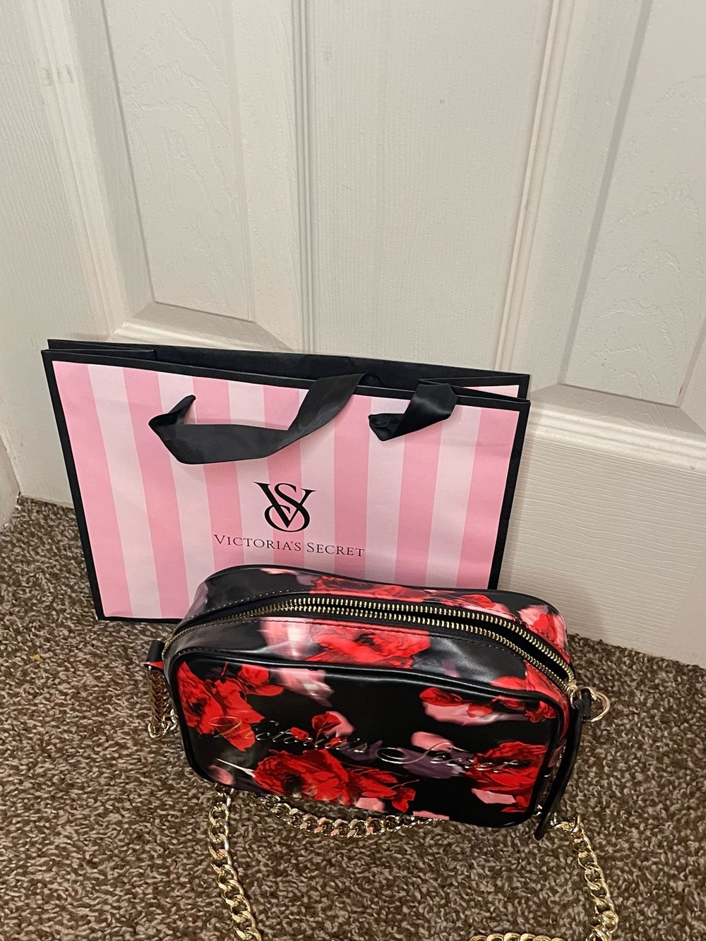 Victoria's Secret Black Crossbody with Red Floral Print and Gold Chain